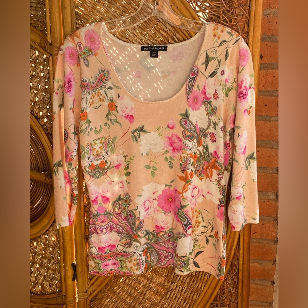 Boston Proper Beautiful Floral Long Sleeve Top Pink and Cream Size Medium
